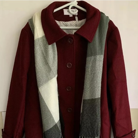 Haute Edition  Burgundy Wool Jacket With  Scarf 2X - Picture 1 of 4